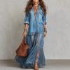  European and American Style Cross-border Independent Station Popular Women's Retro Lapel Imitation Denim Long Dress Casual Pocket Dress