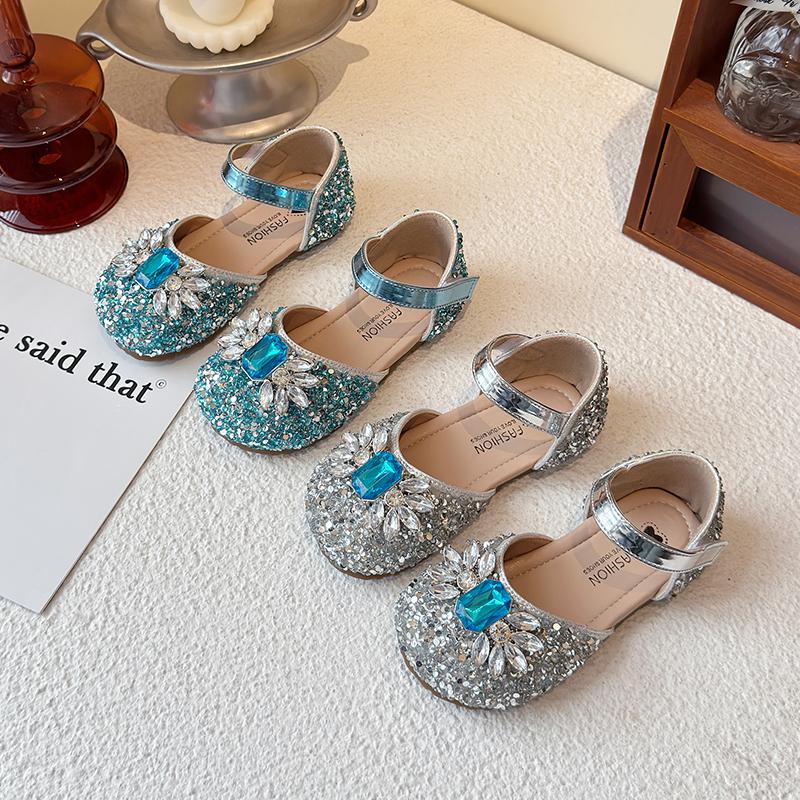 Girls Dance Shoes Shiny Crystal Sequins Kids Half Sandals for Summer Ins Trend 2025 New Girls Princess Shoes Wedding Party Sweet