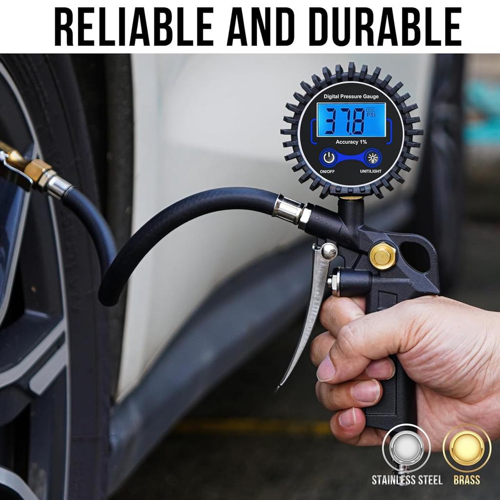 Digital Tire Pressure Gauge With Inflator, 3-250 PSI Air Compressor Accessories With Air Chuck Quick Connect Coupler, Car Attachments With Rubber