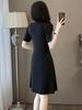 European Elegant Summer 2026 V-neck A-line Black & White Slimming Dress for Women