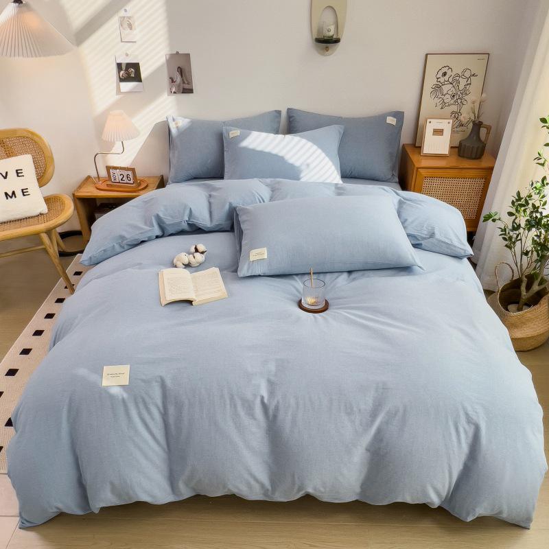 Muji-Inspired Plaid Water-Washed Cotton Duvet Cover Set - Minimalist Brushed Four-Piece Bedding Set