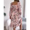 QICED Spring Summer Elegant Flower-patterned, Long-sleeved, Waist-cinched, Ruffled A-line Dress for Women's Wear