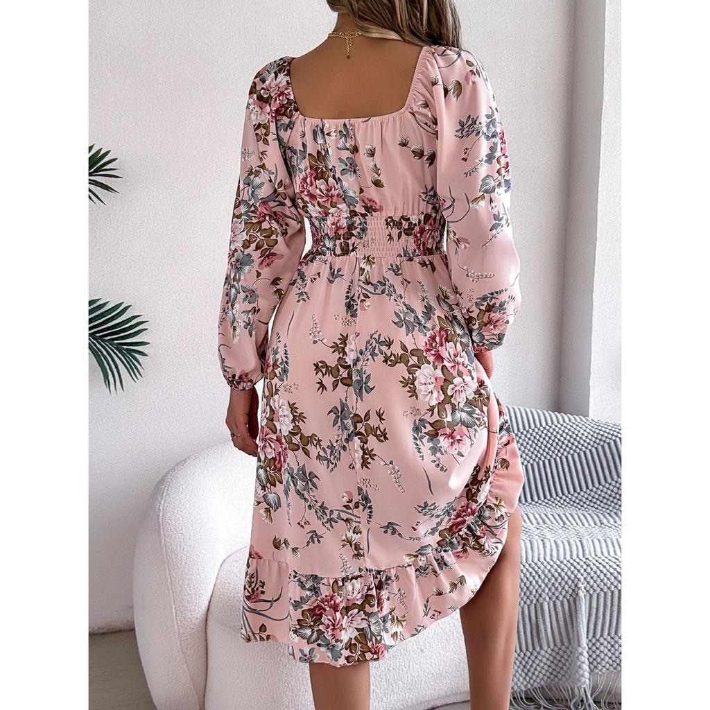 QICED Spring Summer Elegant Flower-patterned, Long-sleeved, Waist-cinched, Ruffled A-line Dress for Women's Wear