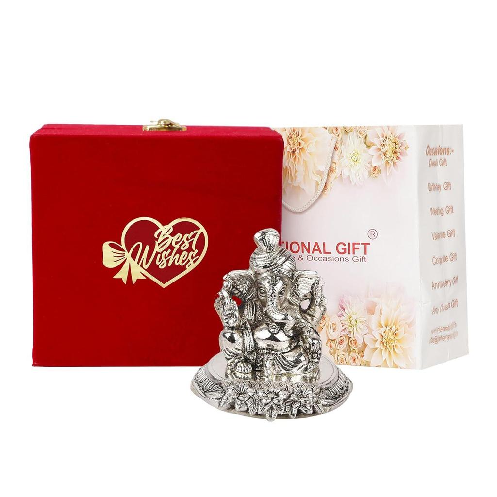 Silver Ganesh Idol Oxidized Finish with Best Wishes