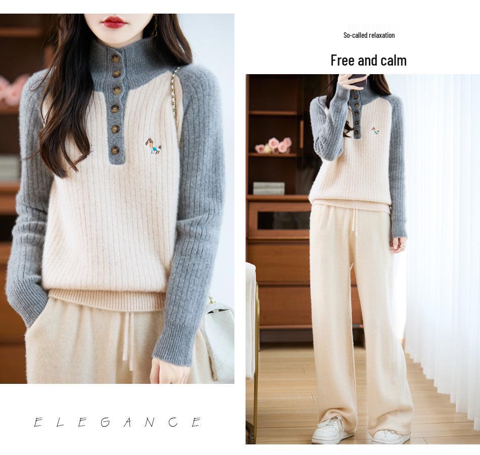 Women's Stand Collar Thick Embroidered Wool Sweater - Autumn/Winter Knitwear with Color Block and Small Horse Logo