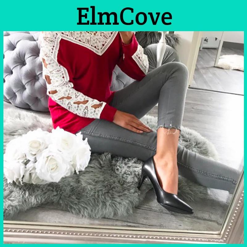 Elegant Sexy Lace Stitching Off Shoulder Crochet Blouse With Hollow Long Sleeves