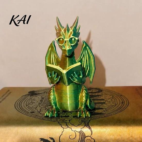 Dragon Figurine for Bookshelf Reading with Glasses, Statue, 3D Printed Decorative Book Holder Decor, Whimsical Desktop Ornament, Gift Lovers Sculpture