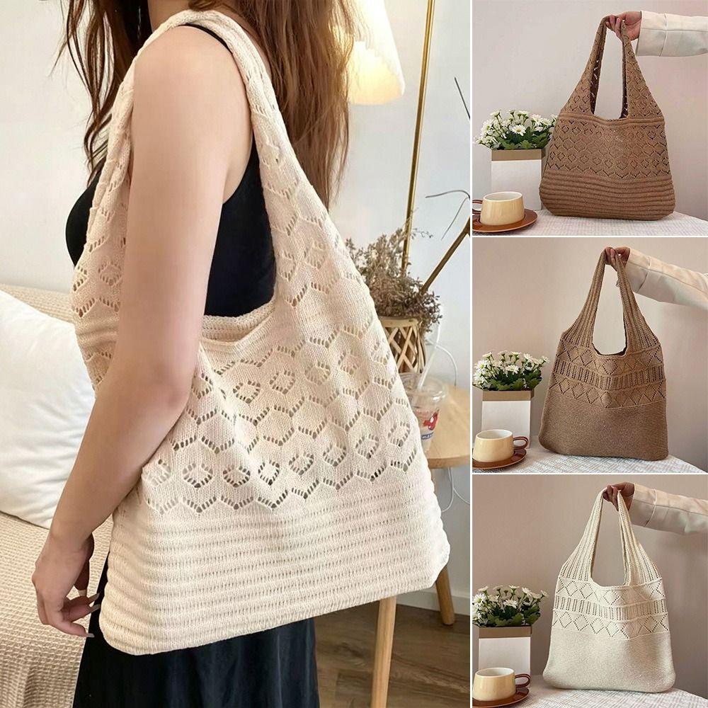 Simple Look Diamond Pattern Tote Bag Hollow Out Solid Color Woven Handbag Retro Style Knit Fabric Knitted Bag Women