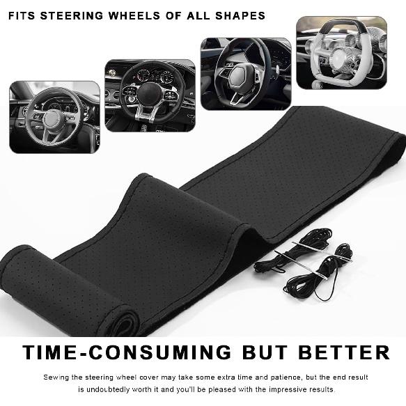Genuine Leather Steering Wheel Cover, 15 Inches Breathable Stitch On Wrap Steering Wheel Cover, Anti-Slip Auto Wheel DIY Sewing Protector With Needle