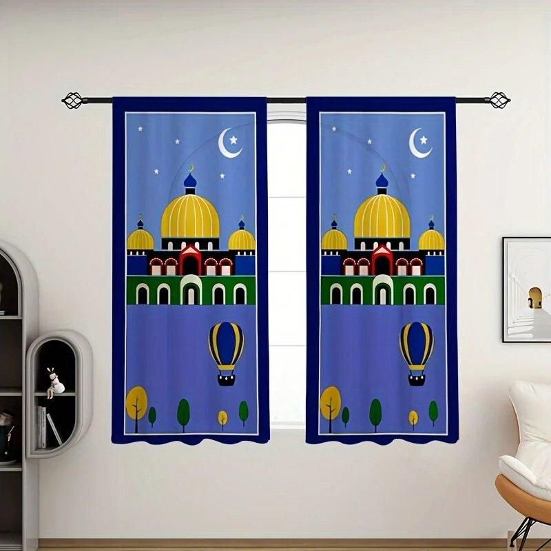 

1/2pcs Ramadan Purple Line Hanging Light Printed Translucent Curtains Polyester Rod Pocket Decor For Bedroom W50xH130(CM)x2PCS-Rod pocket