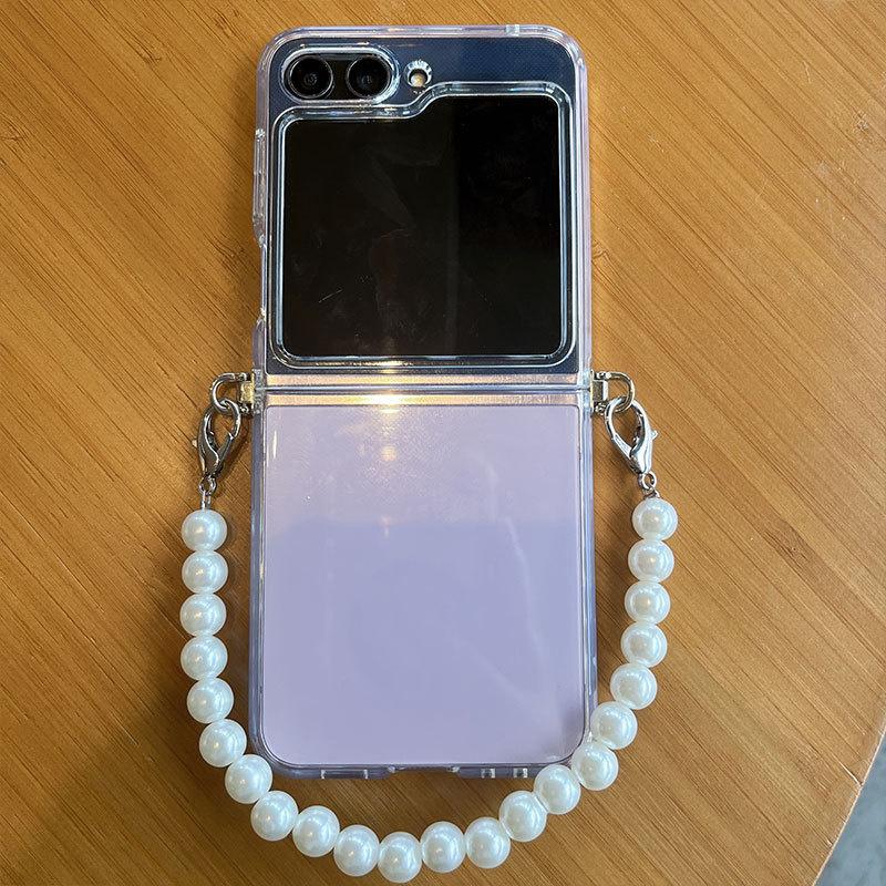 Pearl Crossbody Lanyard Transparent Case for Samsung Galaxy Z Flip6 5 5G Soft Silicone Phone Cover For Galaxy Z Flip 6 5 Wriststrap Chain Clear Cover
