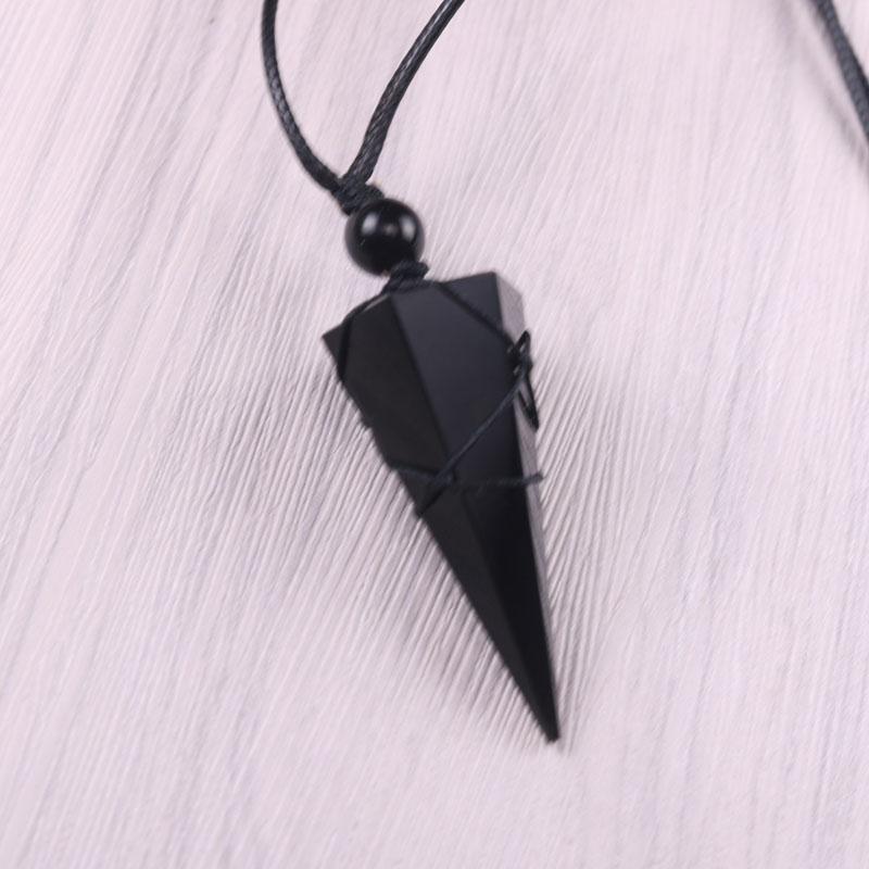 Natural Obsidian Stone Crystal Point Pendant Black Stone Charm Necklace Amulet