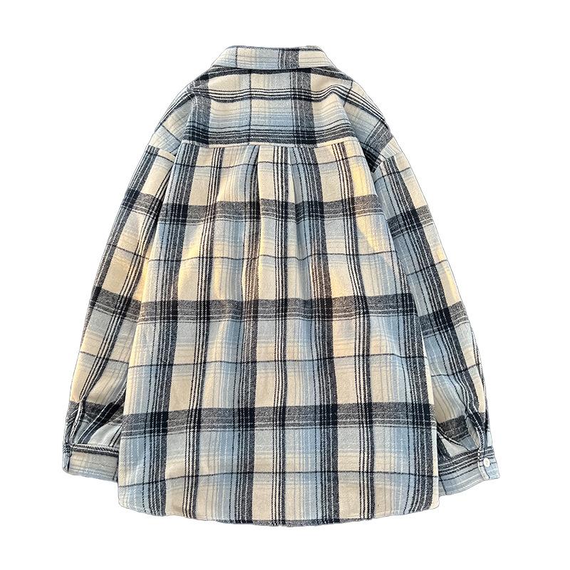 Retro Men's Plaid Long-sleeved Shirt Loose Jacket Men and Women's Shoulder-shoulder Shirt Large Size