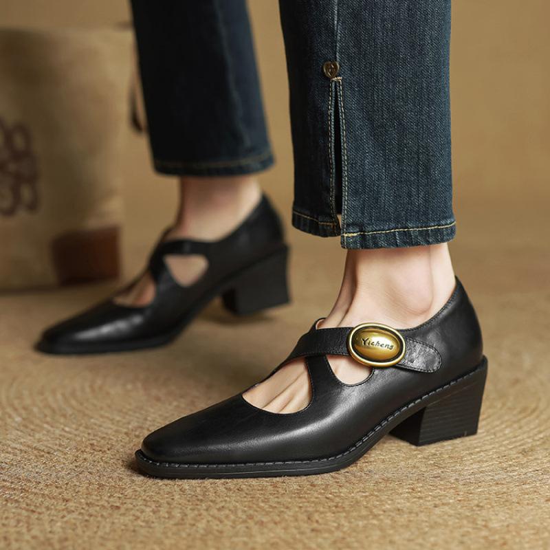 Casual Solid Color Foot Cover Low Top Four Seasons Wear Small Leather Shoes Women's New Women's Fashion Single Shoes Square Head Comfortable Beef Ten