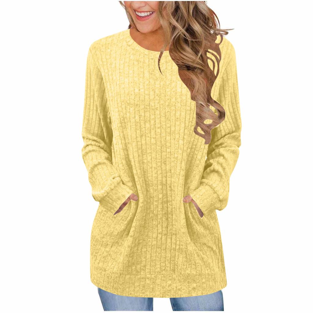 Women's Fashion Loose-Fit Round Neck T-Shirt Colour Pocketed Long-Sleeved Top