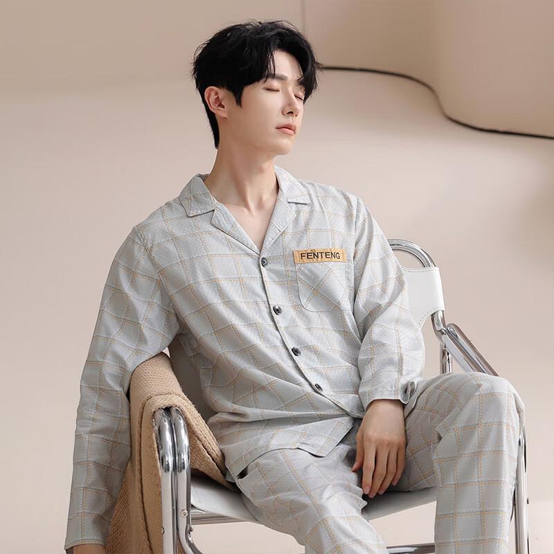 FENTENG Herren Weiches Baumwollmischung Langarm Lounge Pyjama-Set