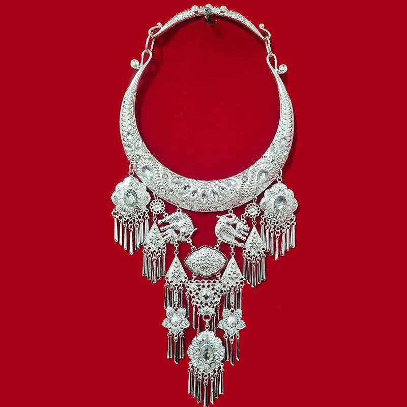 Miao Silver-Plated Gem Rhinestone Tassel Necklace for Hanfu Dance
