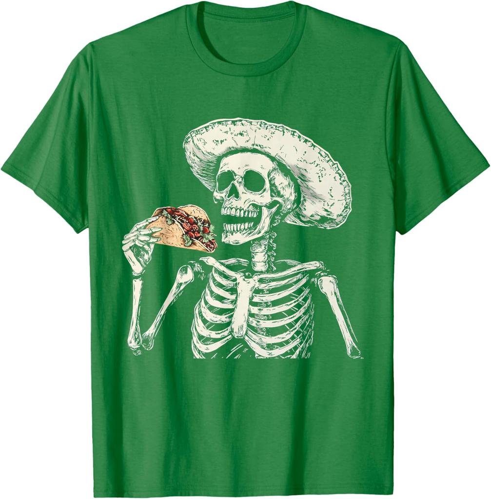 Skeleton Eating Taco Sombrero Graphic Tee Mexican Dia De Muertos Lover Casual Cotton T-Shirt