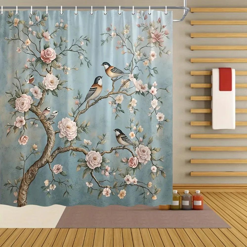 Blooming Branches and Birds Shower Curtain- Multi-Style Bath Decor, Perfect for Those Who Love Nature-Inspired and Practical