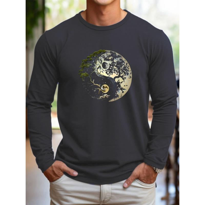 Men's Loose and Comfortable Casual Sports Yin-yang Tree Pattern Printed Round Neck Long Sleeved T-shirt Top