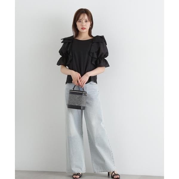Proportion Body Dressing Ribbon Ruffle Blue Women's Blouse, 5/8 Sleeve,