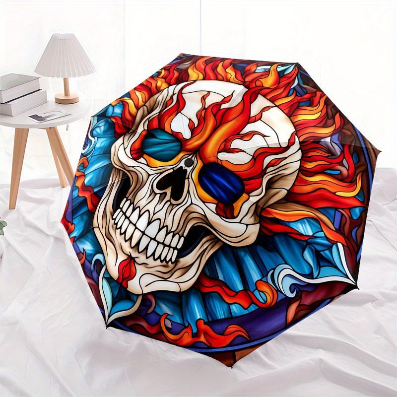 Flammender Totenkopf Buntglas WandkunstRegenschirm, Tragbarer 3-fach Kompakter Regenschirm, Weihnachtsgeschenk ES655