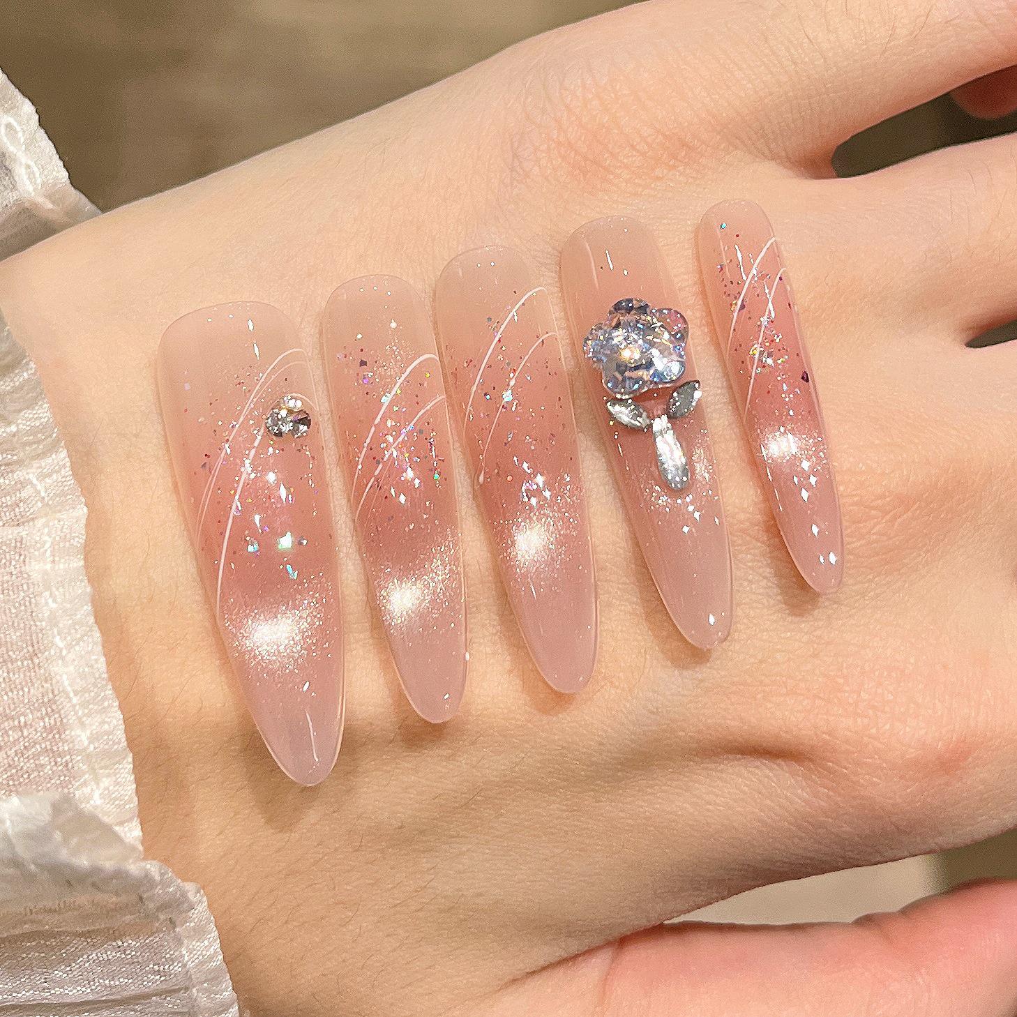 Elegant Handmade Pink Cat Eye Nail Art Stickers - Removable, Instagram-Ready False Nails Bagged XS