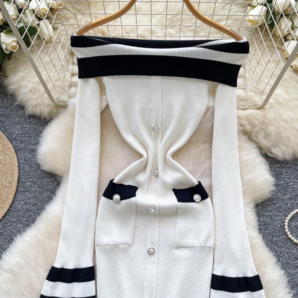 Kobiety Sukienka Bodycon z Odkrytymi Ramionami Jesień Długi Rękaw Metalowy Guzik Odzież Robocza Damska Dzianinowa Sukienka Mini w Bloki Kolorów Sexy