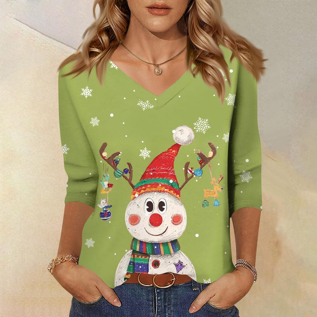 3/4 Sleeve Shirts For Women Print Christmas Tees Blouses Casual Plus Size Basic Tops Pullover