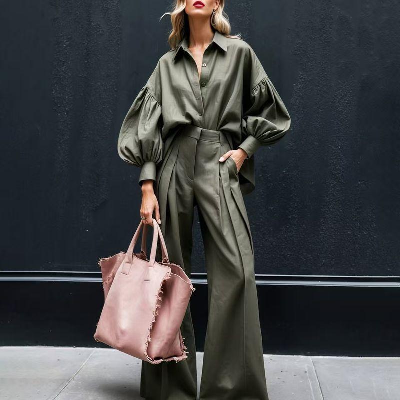 

Fashion Style New Arrival Fashion Casual Long Sleeve Shirt Wide Leg Pants Two-Piece Suit Shirt and Pants Set Army Green L