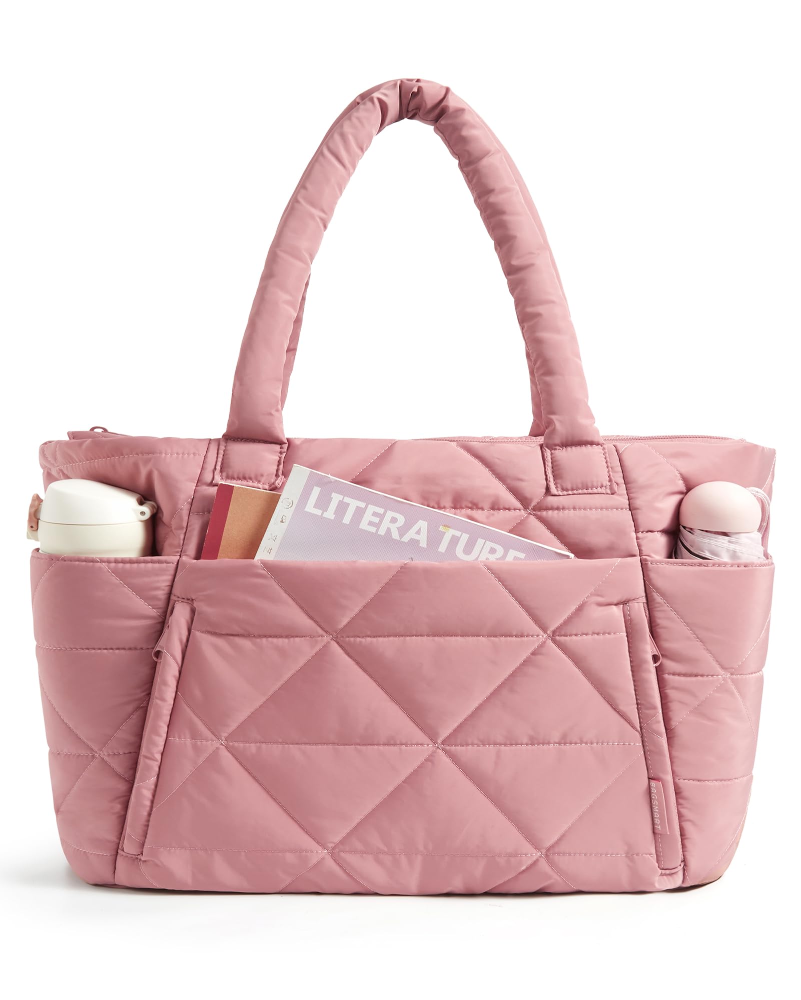 

Большая стеганая сумка-тоут BAGSMART с большим количеством карманов на молнии и прочной конструкцией для и тренажерного зала, женская вместимость, хранение, органайзер, разделители, розовый