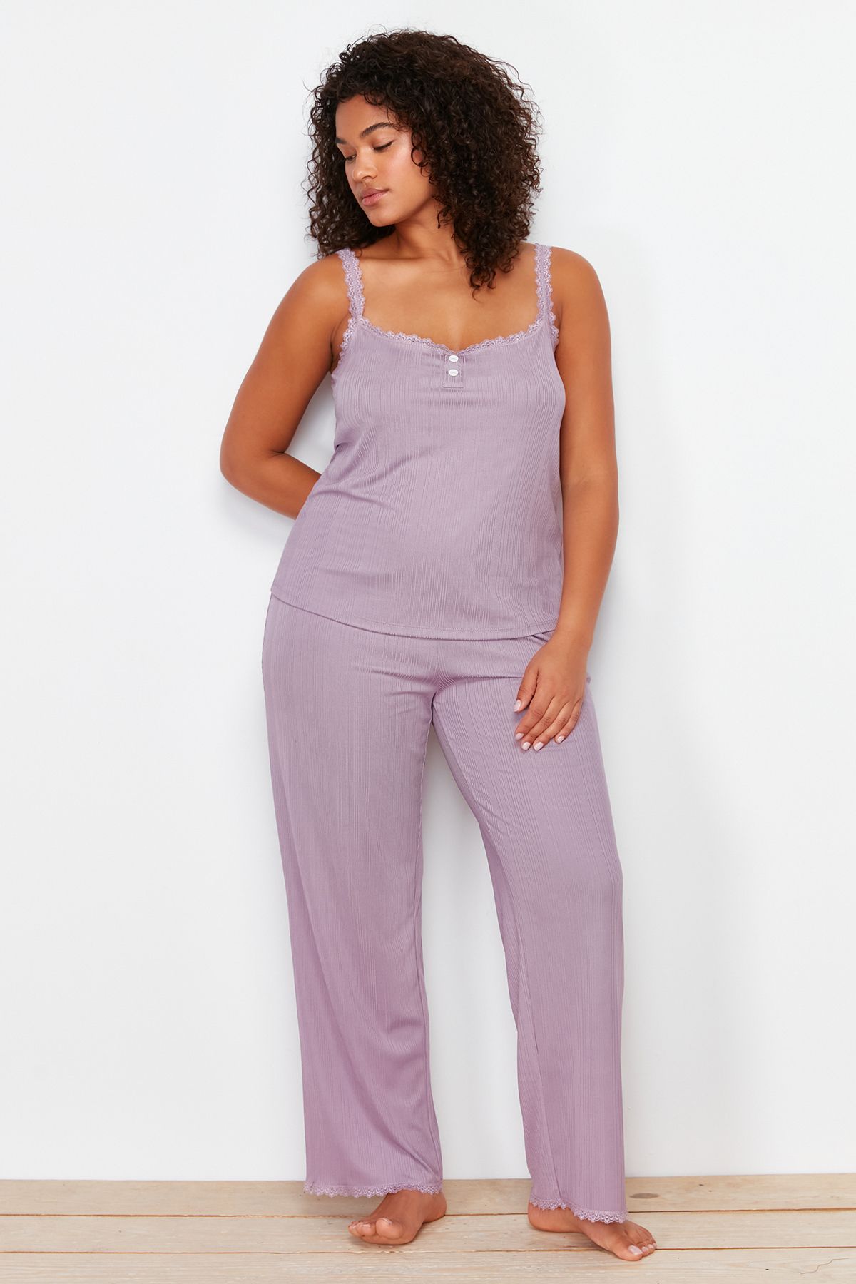 

Women s Style Plus Size Lilac Corded Strap Knitted Pajama Set 2XL