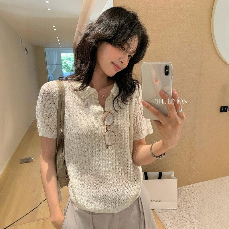 Oatmeal temperament hollow polo collar short-sleeved knitted sweater women's summer old money style high-end front shoulder t-shirt top
