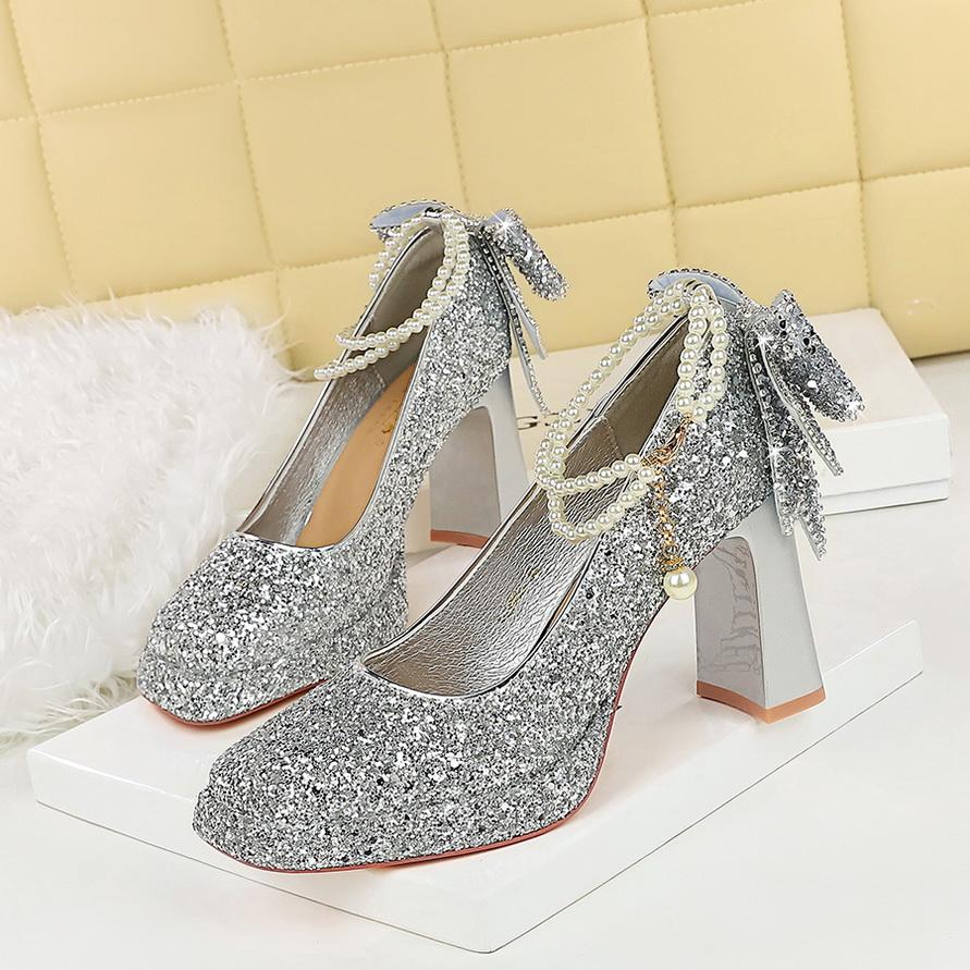 Sweet Pearl Straw High Heels Women's Water Diamond Bow Square Head Waterproof Platform Coarse Straw Shoes