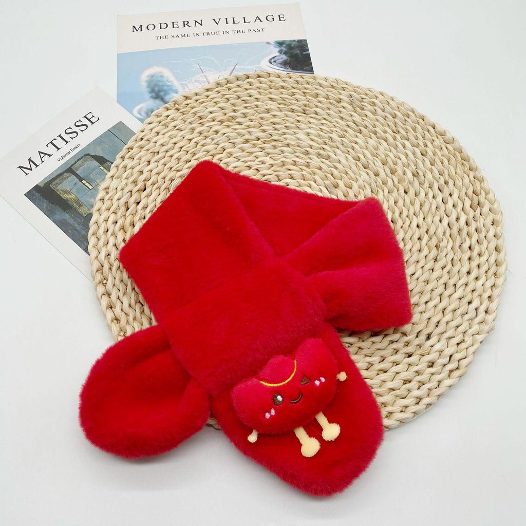 Red Cartoon Unisex Plush Scarf for Kids - Warm and Cozy for Autumn/Winter, Perfect for First Birthdays, Students, Christmas & New Year’s Celebrations