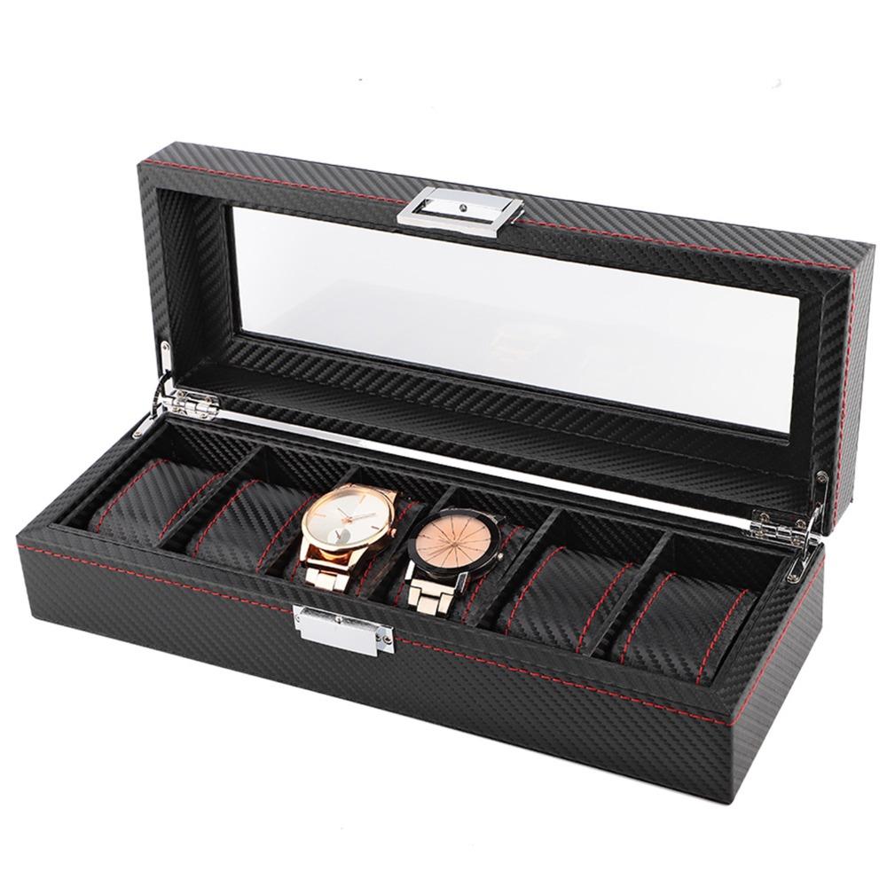 Sturdy Carbon Fiber Watch Box Transparent Window Red Line Watch Storage Luxury 6 Slots Watch Case Jewelry Organize