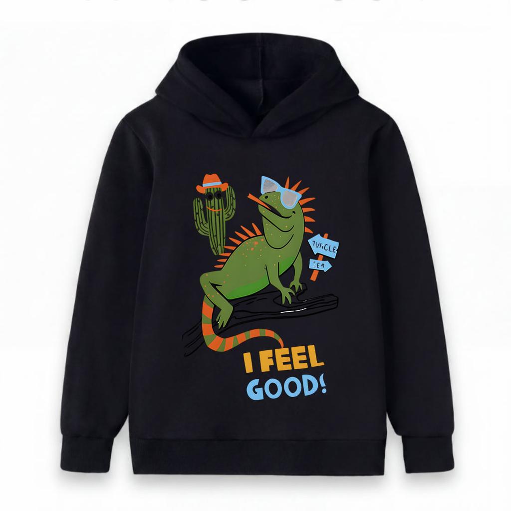 Kids Boys Girls Crew Neck Hoodie, Cool Lizard Cactus Print Casual Pullover Sweatshirt, I Feel Good Funny Graphic Long Sleeve Top for Children Daily We