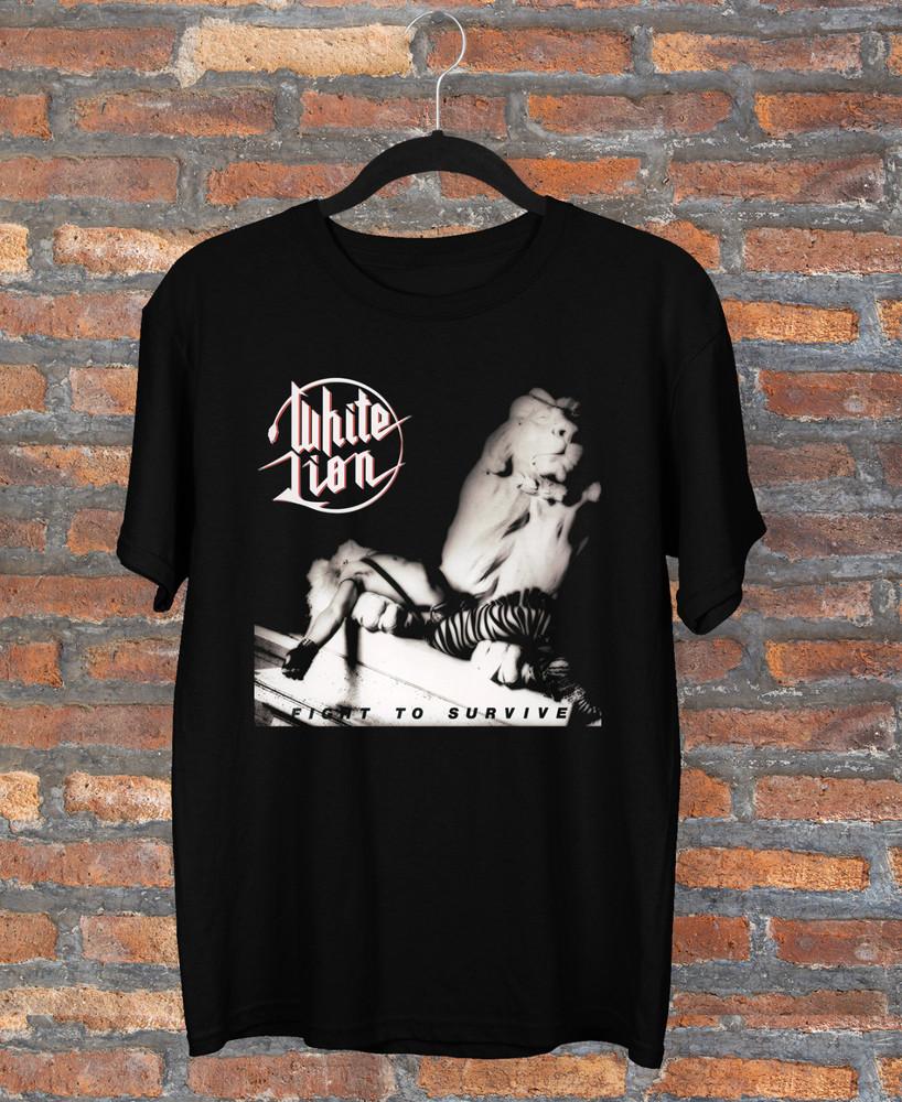 

White Lion Fight to Survive Album T-shirt Black Cotton Tee All Size HRO67 Unisex T-Shirt XL
