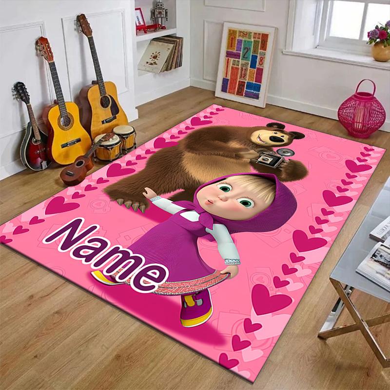 Custom Masha and the Bear Mat Personalized Name, Polyester Washable Indoor Entryway Rug, Gift for Christmas, Easter, Thanksgiving Day