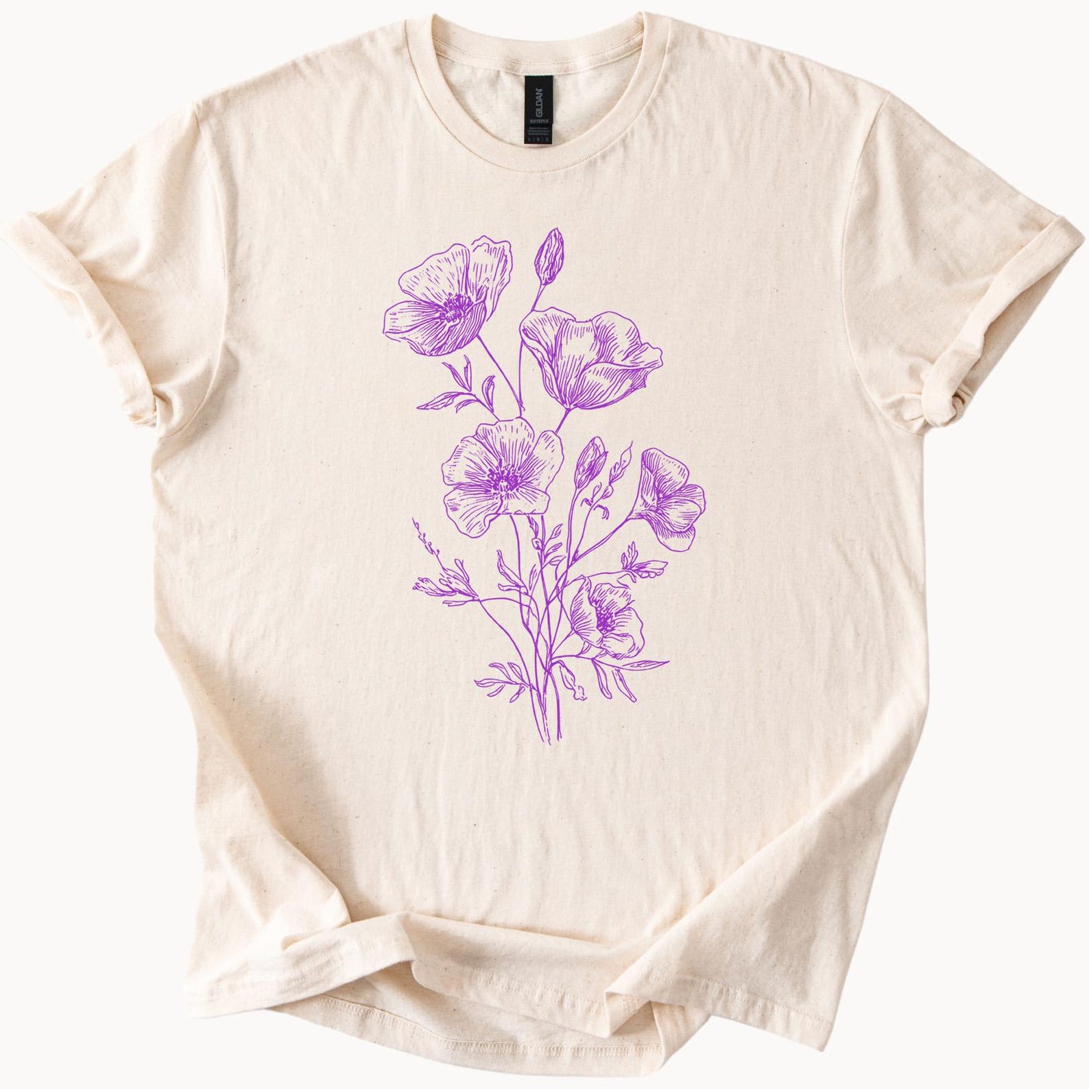 Botanical Wildflower Drawing Shirt Purple Floral Line Art Graphic Nature Flower Tee Handmade Artistic Blossom T Shirt Gift 130