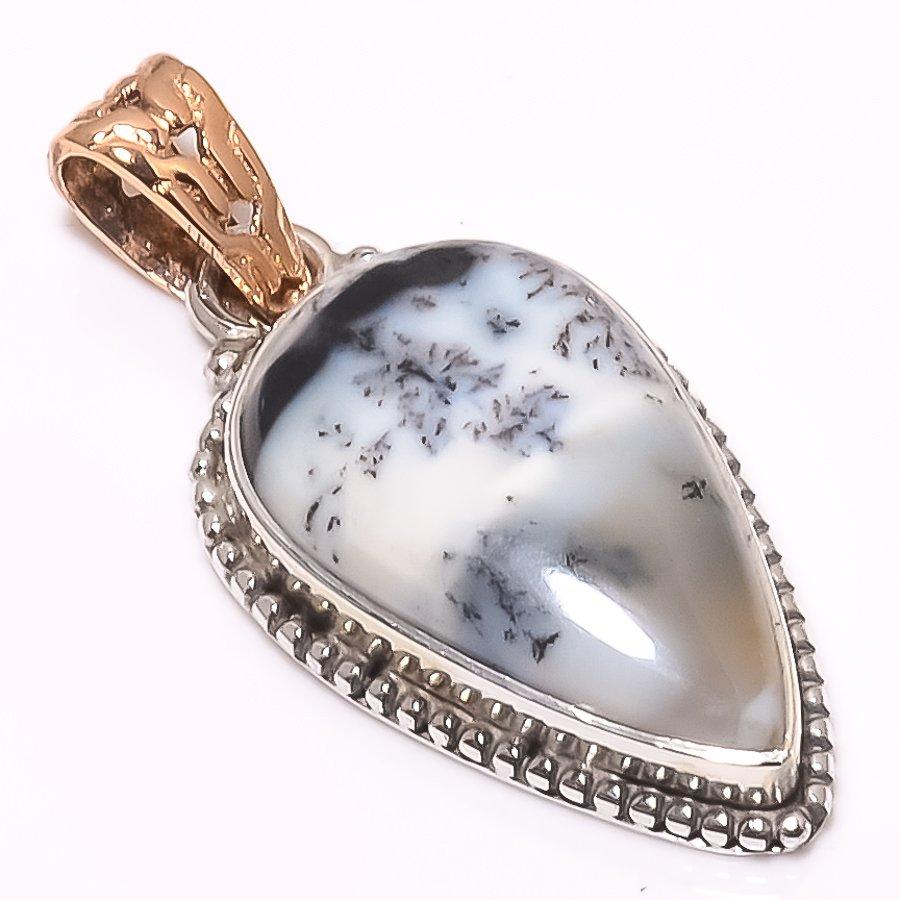 Natural Dendrite Opal Gemstone 925 Sterling Silver Two Tone Pendant 1.42" G8s40