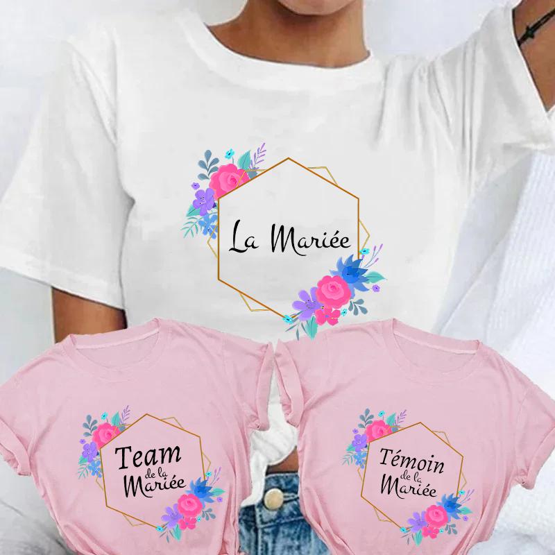 French Women Bridesmaid Team Bride Tshirt Bridal Shower Wedding Tshirt Bachelorette Evjf Party Tops Flower Crown Graphic Tees