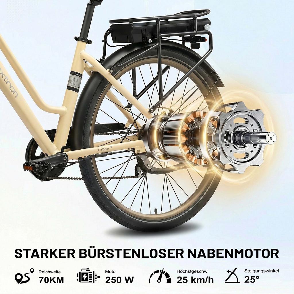 Maxtron Urban 7 Elektrische Fiets, 250W, 60km Actieradius, Aluminiumlegering Frame, Beige
