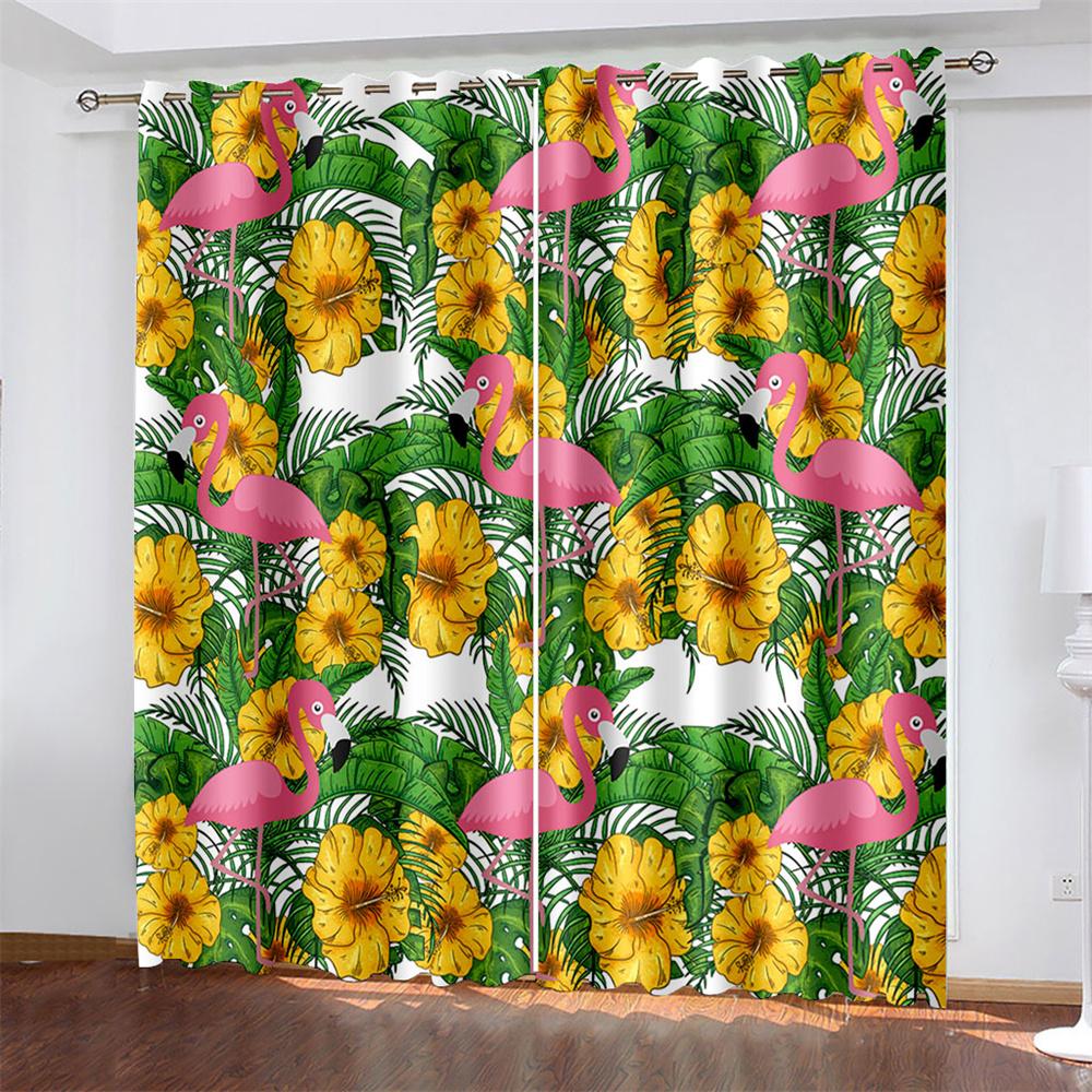 Artistic Flamingo Printing Woven Curtains Bedroom Blackout Curtains Two Separate Curtains On The Left and Right