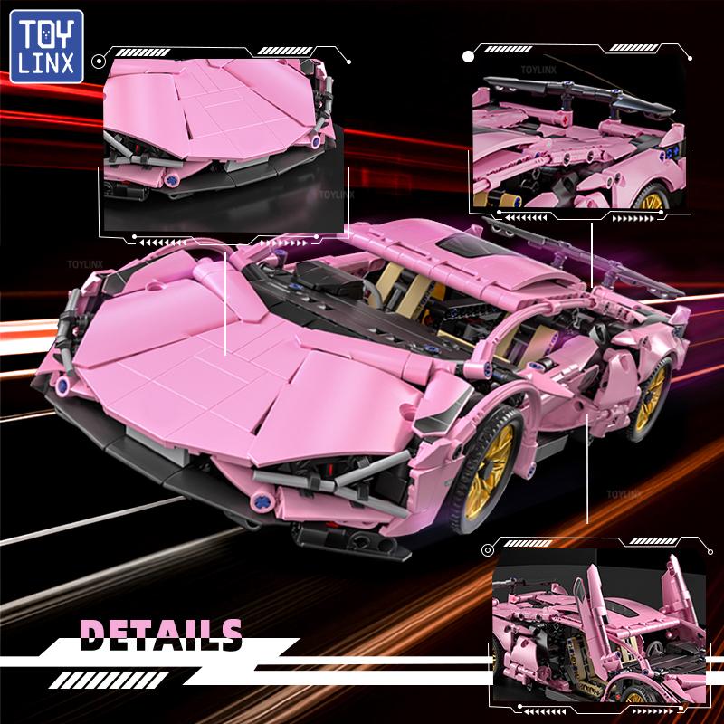 TOYLINX Super Pink Technisches Geschwindigkeitsfahrzeug Bausteine Autorennen Steine Spielzeug Geburtstags- Weihnachtsgeschenke für Kinder