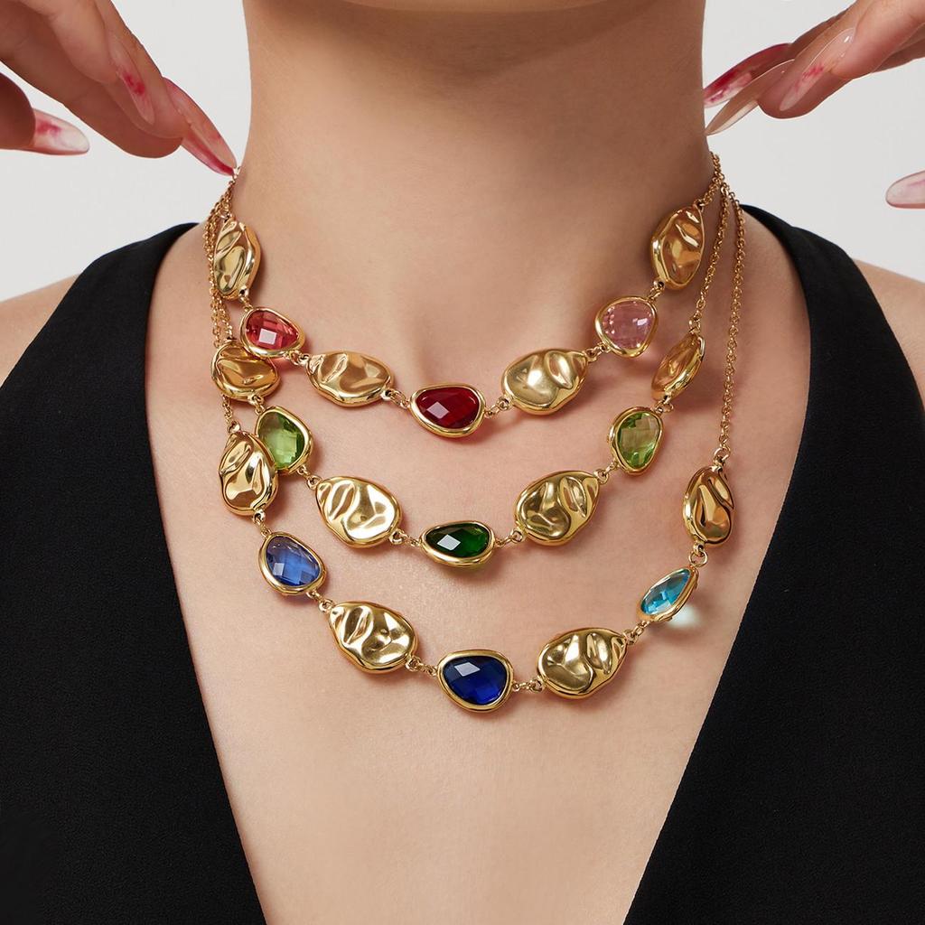 Elegant Multi-Faceted Glass Stone Clavicle Necklace - Transparent Water Drop Design, Light Luxury Style, Stainless Steel