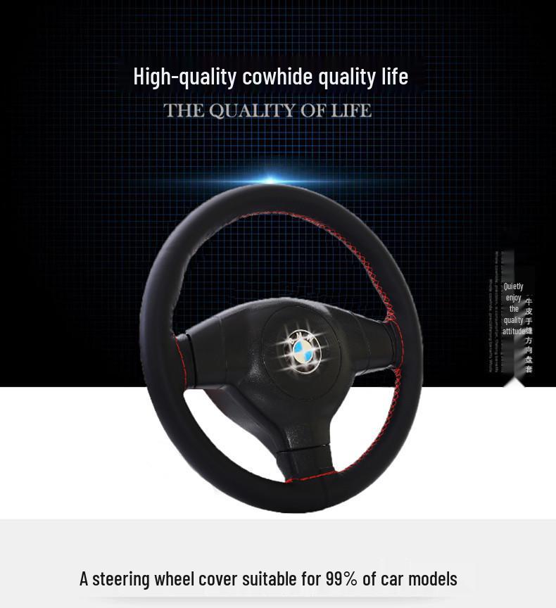 Ręcznie szyty pokrowiec na kierownicę z prawdziwej skóry bydlęcej, antypoślizgowy, oddychający, uniwersalny pasujący na każdą porę roku.