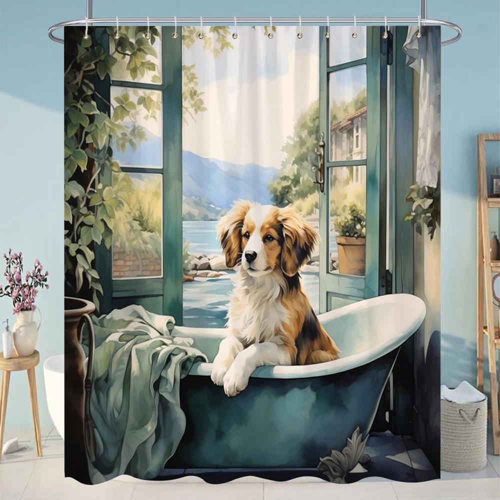 Funny Cat Dog Shower Curtain Cartoon Animals Oil Painting Style Polyester Washable Shower Curtains Bathroom Decor With Hooks