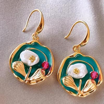 Orecchini Pendenti alla Moda per Gioielli da Donna Retro Francese Pittura ad Olio Verde Orecchini a Bottone con Fiori Vintage Stile di Corte Lussuoso