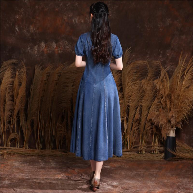 Johnature Chinese Style Cheongsam Vintage Casual Dress Summer Women Embroidery Short Sleeves Collar Dress